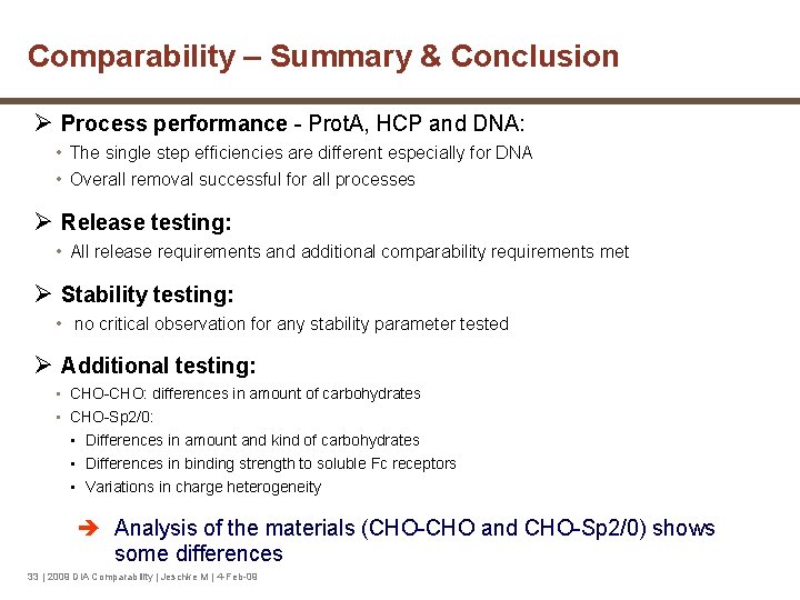 Comparability – Summary & Conclusion Ø Process performance - Prot. A, HCP and DNA: