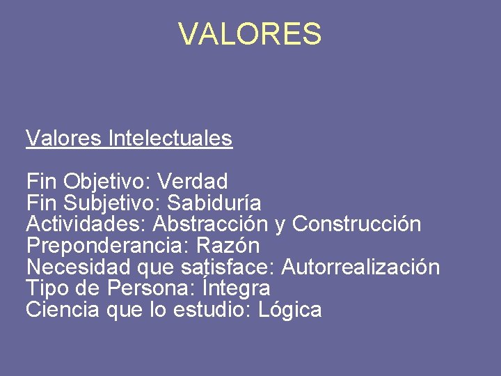 VALORES Valores Intelectuales Fin Objetivo: Verdad Fin Subjetivo: Sabiduría Actividades: Abstracción y Construcción Preponderancia: