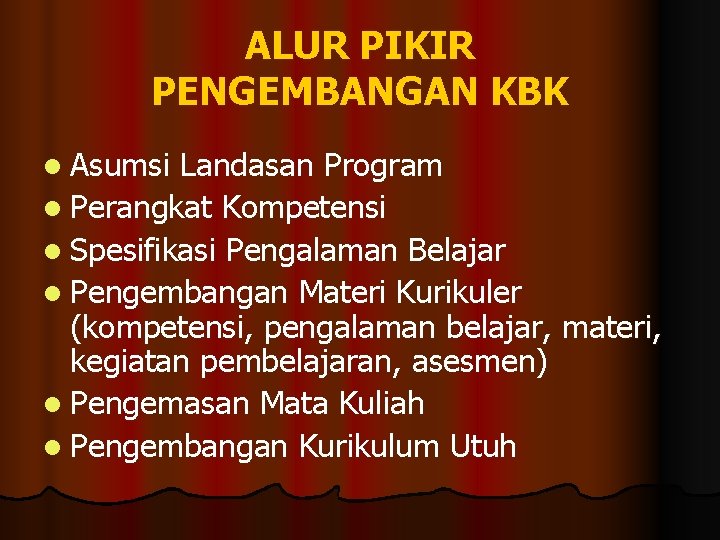 ALUR PIKIR PENGEMBANGAN KBK l Asumsi Landasan Program l Perangkat Kompetensi l Spesifikasi Pengalaman