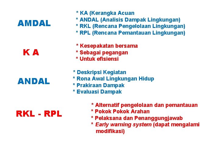 * KA (Kerangka Acuan * ANDAL (Analisis Dampak Lingkungan) AMDAL * RKL (Rencana Pengelolaan