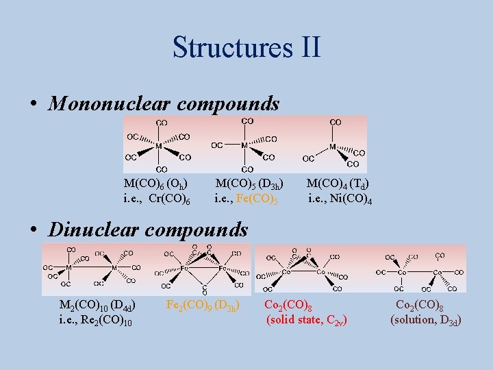 Structures II • Mononuclear compounds M(CO)6 (Oh) i. e. , Cr(CO)6 M(CO)5 (D 3