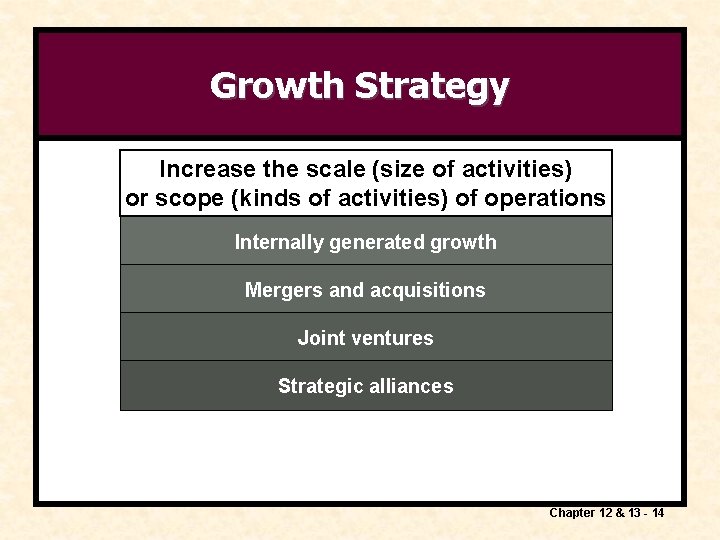 Growth Strategy Increase the scale (size of activities) or scope (kinds of activities) of