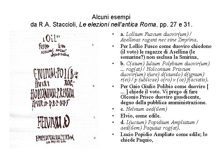 Alcuni esempi da R. A. Staccioli, Le elezioni nell’antica Roma, pp. 27 e 31.