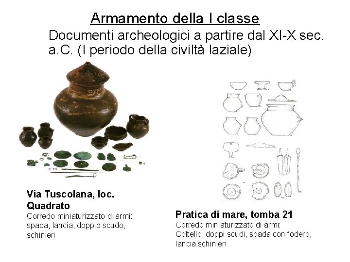 Armamento della I classe Documenti archeologici a partire dal XI-X sec. a. C. (I