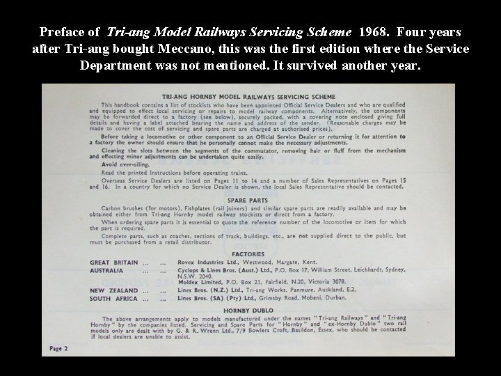 Preface of Tri-ang Model Railways Servicing Scheme 1968. Four years after Tri-ang bought Meccano,