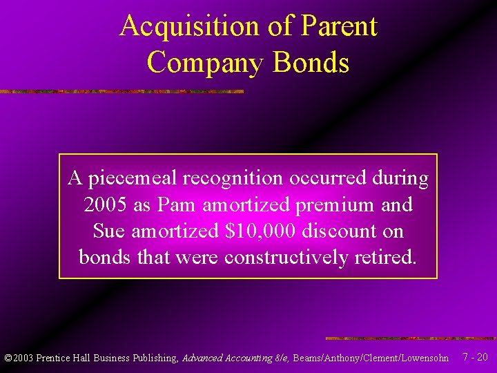 Acquisition of Parent Company Bonds A piecemeal recognition occurred during 2005 as Pam amortized