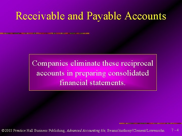 Receivable and Payable Accounts Companies eliminate these reciprocal accounts in preparing consolidated financial statements.