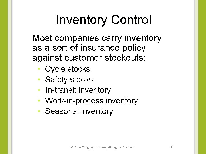 Inventory Control Most companies carry inventory as a sort of insurance policy against customer