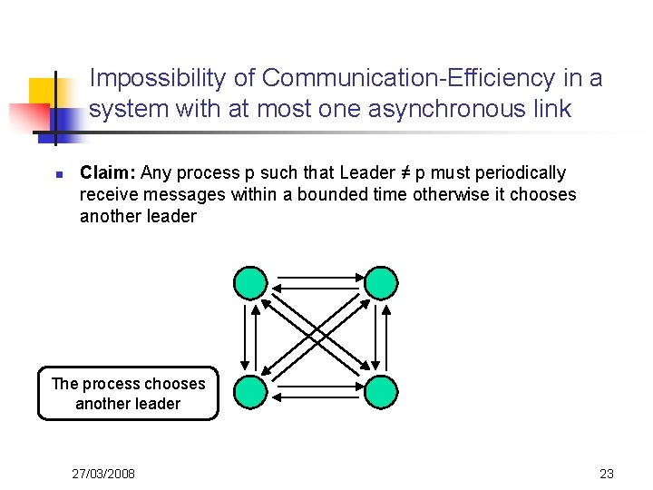 Impossibility of Communication-Efficiency in a system with at most one asynchronous link n Claim: