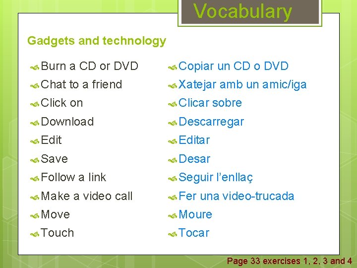 Vocabulary Gadgets and technology Burn a CD or DVD Copiar un CD o DVD