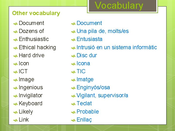 Vocabulary Other vocabulary Document Dozens Una of Enthusiastic Ethical hacking Hard drive Icon ICT
