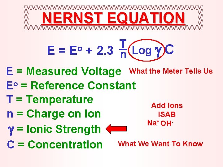 NERNST EQUATION E= Eo T Log C + 2. 3 n E = Measured