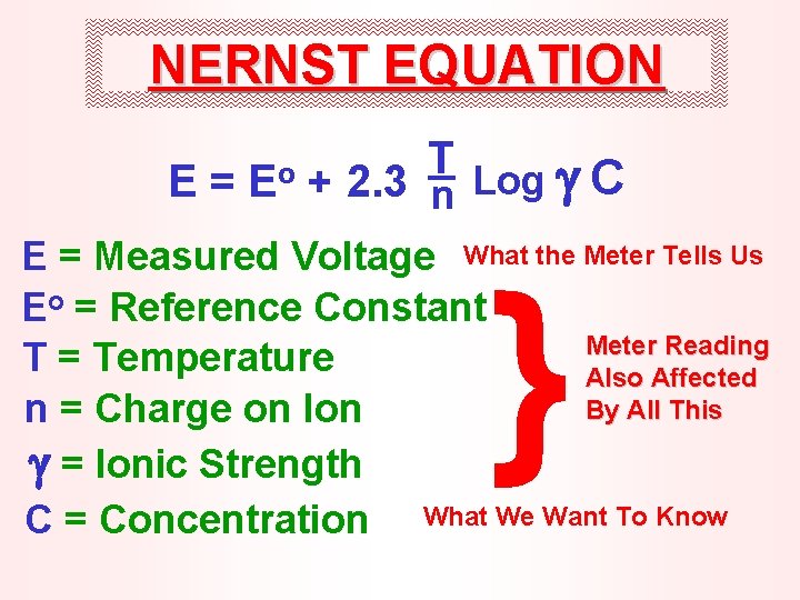 NERNST EQUATION E= Eo T Log C + 2. 3 n E = Measured