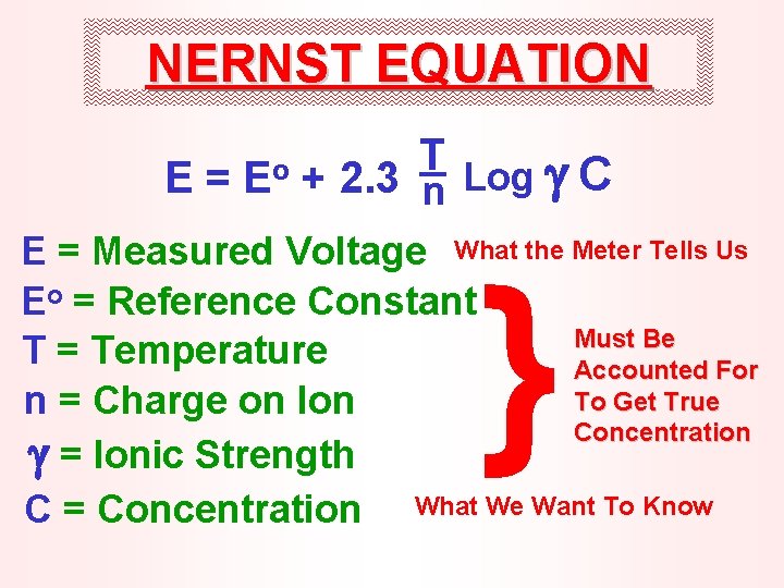 NERNST EQUATION E= Eo T Log C + 2. 3 n E = Measured