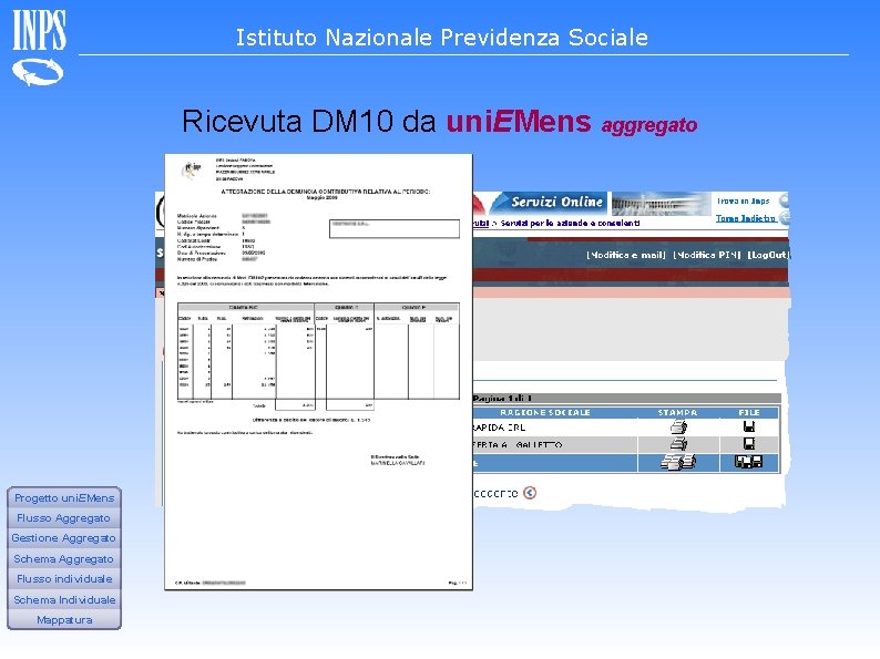 Istituto Nazionale Previdenza Sociale Ricevuta DM 10 da uni. EMens aggregato Progetto uni. EMens