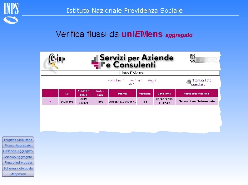 Istituto Nazionale Previdenza Sociale Verifica flussi da uni. EMens aggregato Progetto uni. EMens Flusso