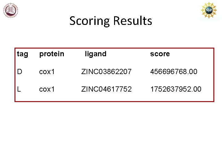 Scoring Results tag protein ligand score D cox 1 ZINC 03862207 456696768. 00 L