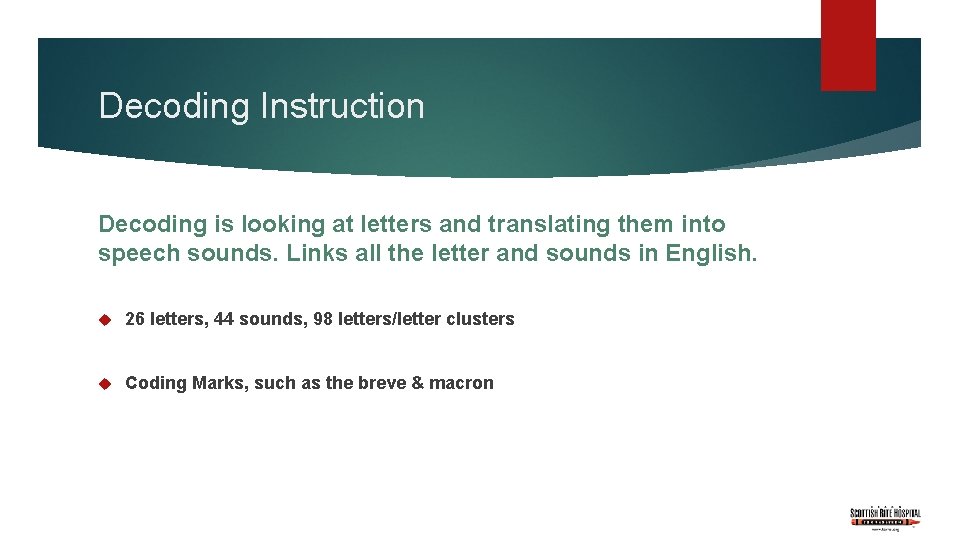 Decoding Instruction Decoding is looking at letters and translating them into speech sounds. Links