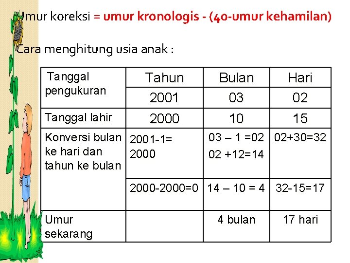 Umur koreksi = umur kronologis - (40 -umur kehamilan) Cara menghitung usia anak :