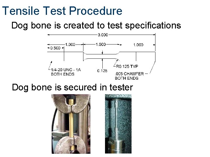 Tensile Test Procedure Dog bone is created to test specifications Dog bone is secured Tensile Test Procedure Dog bone is created to test specifications Dog bone is secured