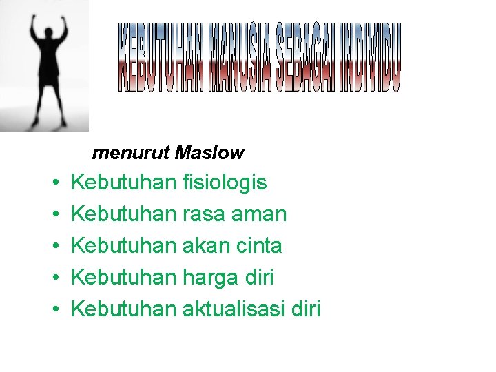 menurut Maslow • • • Kebutuhan fisiologis Kebutuhan rasa aman Kebutuhan akan cinta Kebutuhan