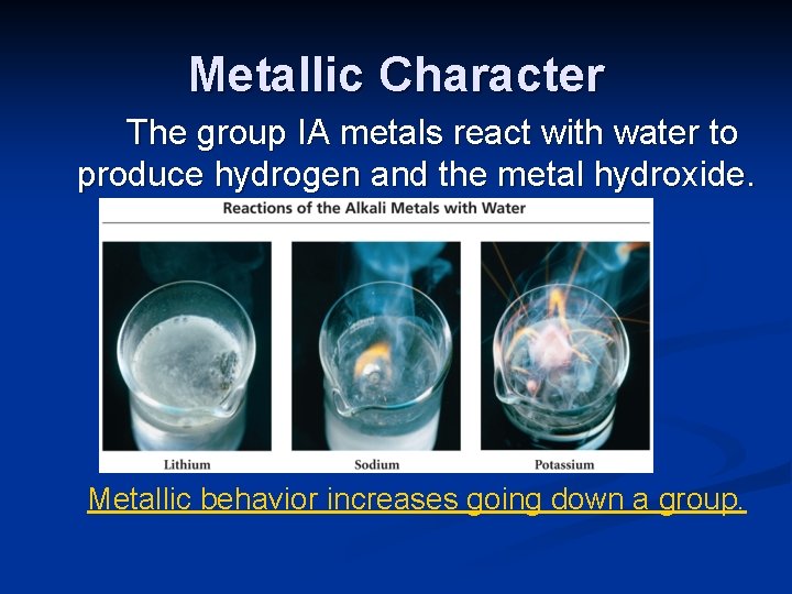 Metallic Character The group IA metals react with water to produce hydrogen and the