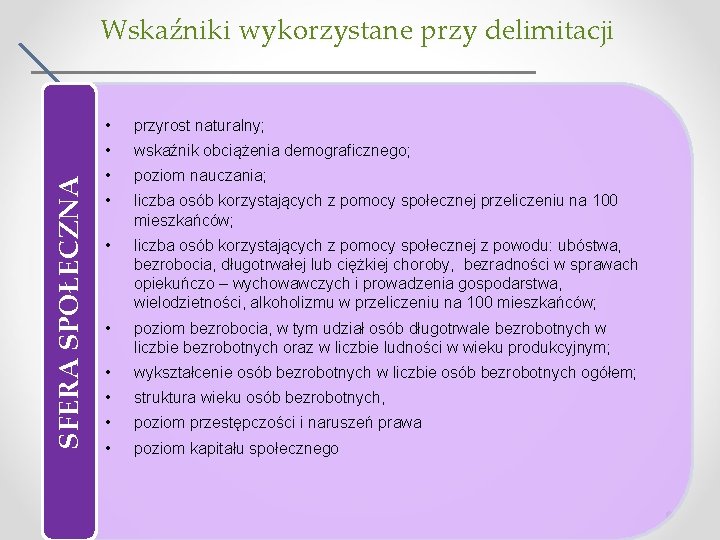 SFERA SPOŁECZNA Wskaźniki wykorzystane przy delimitacji • przyrost naturalny; • wskaźnik obciążenia demograficznego; •