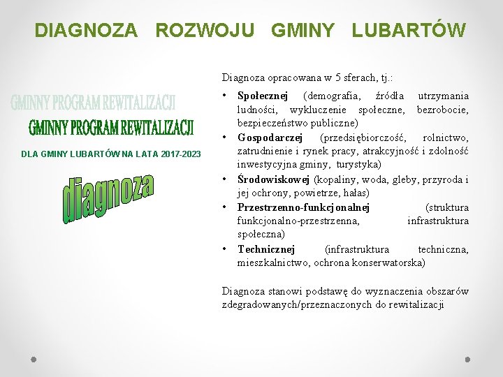 DIAGNOZA ROZWOJU GMINY LUBARTÓW Diagnoza opracowana w 5 sferach, tj. : • • DLA