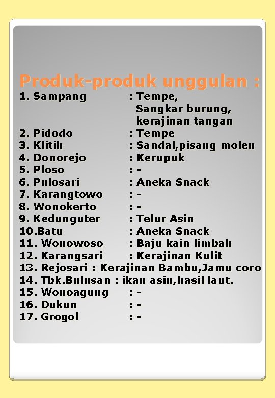 Produk-produk unggulan : 1. Sampang : Tempe, Sangkar burung, kerajinan tangan 2. Pidodo : Produk-produk unggulan : 1. Sampang : Tempe, Sangkar burung, kerajinan tangan 2. Pidodo :
