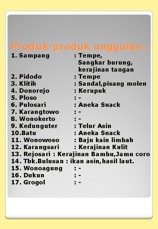 Produk-produk unggulan : 1. Sampang : Tempe, Sangkar burung, kerajinan tangan 2. Pidodo :