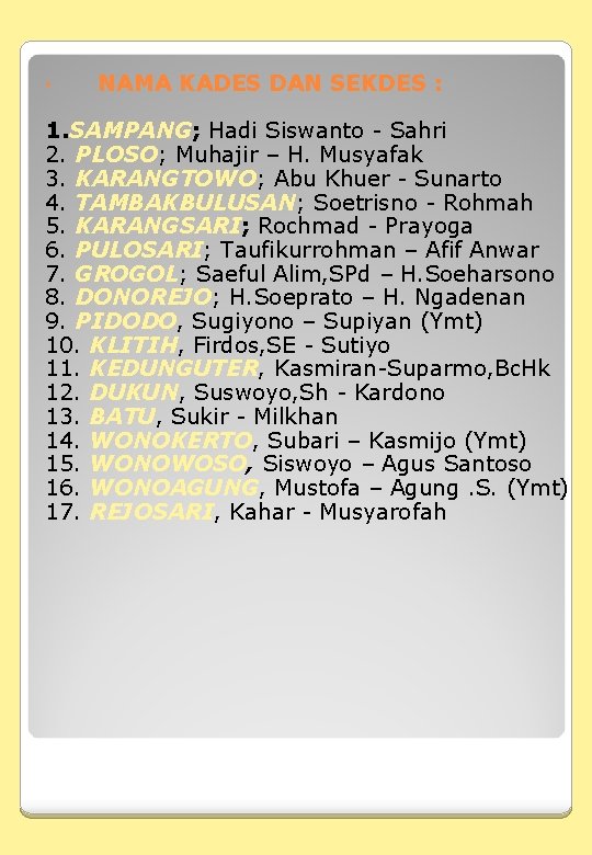 • NAMA KADES DAN SEKDES : 1. SAMPANG; Hadi Siswanto - Sahri 2. • NAMA KADES DAN SEKDES : 1. SAMPANG; Hadi Siswanto - Sahri 2.