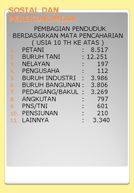 SOSIAL DAN PEREKONOMIAN PEMBAGIAN PENDUDUK BERDASARKAN MATA PENCAHARIAN ( USIA 10 TH KE ATAS