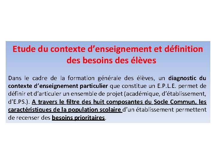 Etude du contexte d’enseignement et définition des besoins des élèves Dans le cadre de