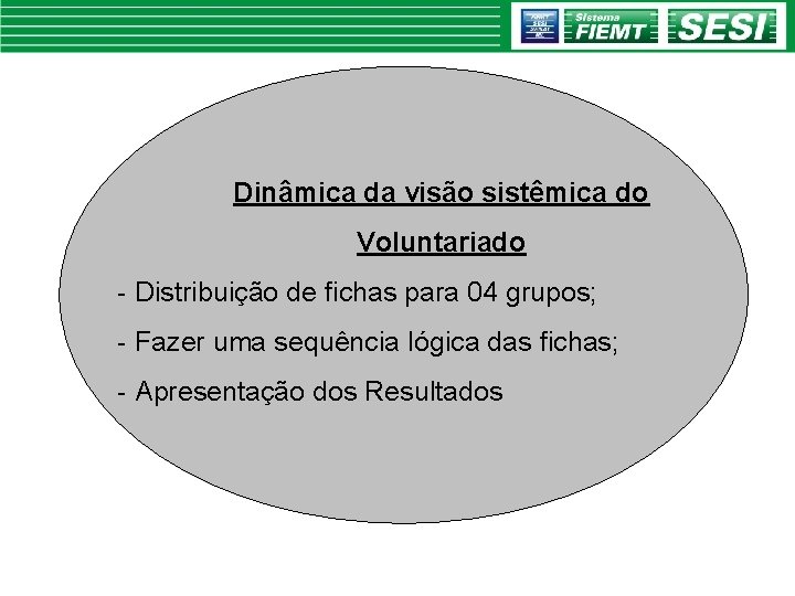 Dinâmica da visão sistêmica do Voluntariado - Distribuição de fichas para 04 grupos; -