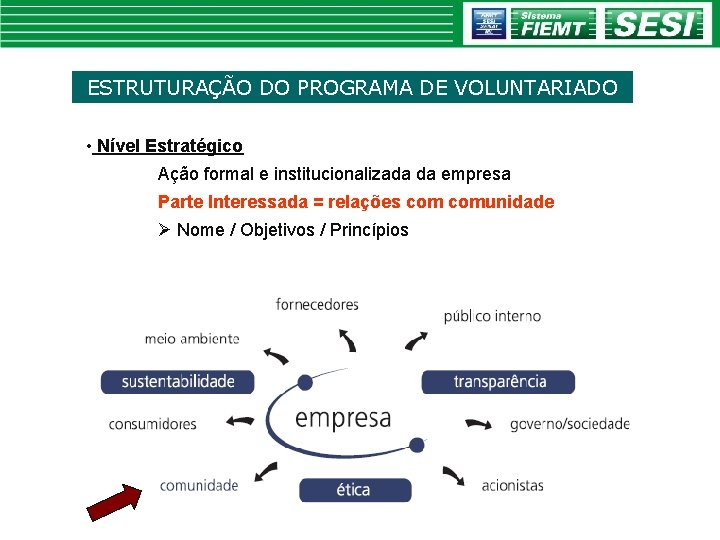 ESTRUTURAÇÃO DO PROGRAMA DE VOLUNTARIADO • Nível Estratégico Ação formal e institucionalizada da empresa