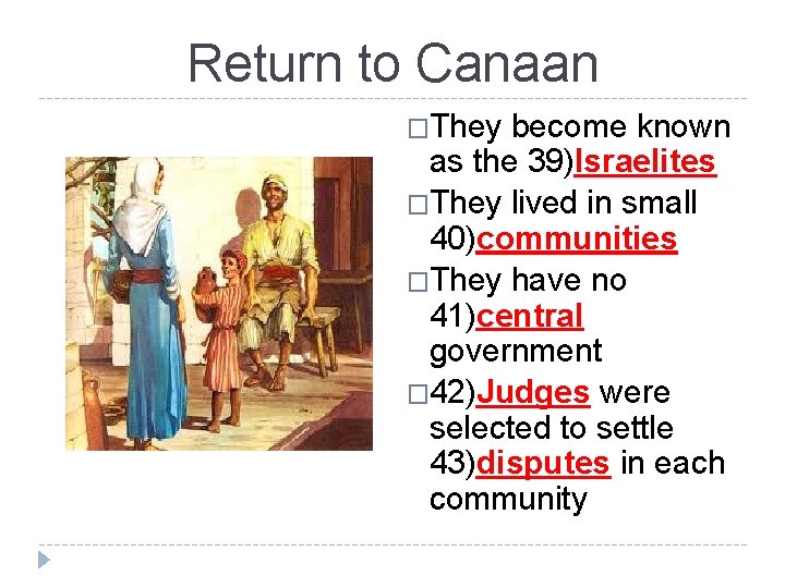 Return to Canaan �They become known as the 39)Israelites �They lived in small 40)communities