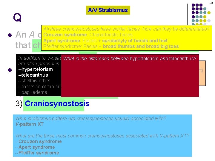 38 Q l A/V Strabismus All three craniosynostoses have similar facies. How can they