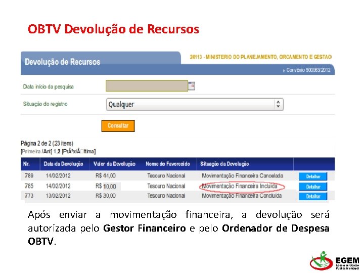 OBTV Devolução de Recursos Após enviar a movimentação financeira, a devolução será autorizada pelo