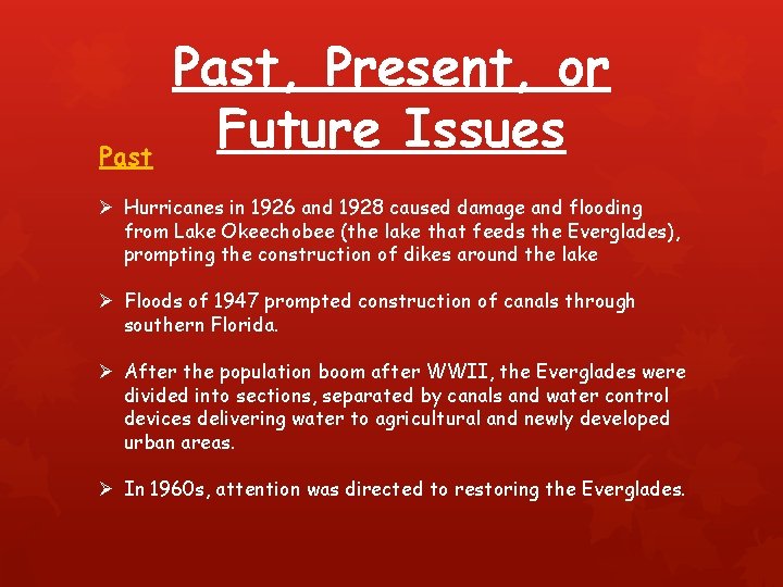 Past, Present, or Future Issues Ø Hurricanes in 1926 and 1928 caused damage and