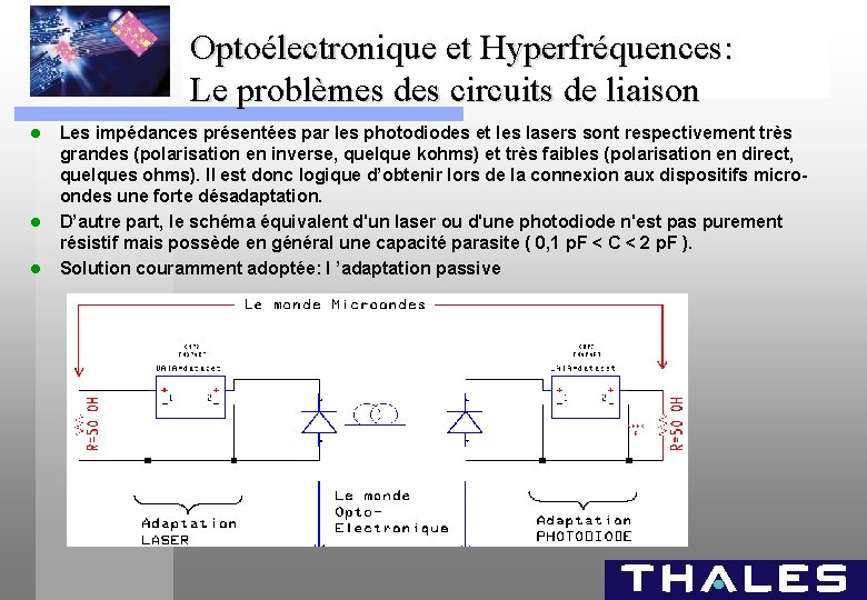 Optoélectronique et Hyperfréquences: Le problèmes des circuits de liaison l l l Les impédances