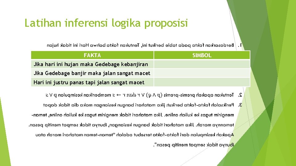 Latihan inferensi logika proposisi FAKTA Jika hari ini hujan maka Gedebage kebanjiran Jika Gedebage