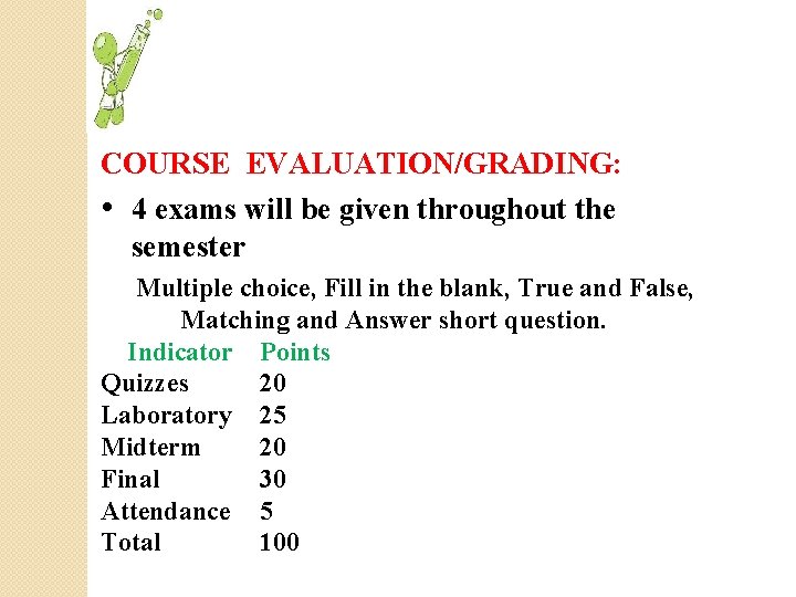 COURSE EVALUATION/GRADING: • 4 exams will be given throughout the semester Multiple choice, Fill