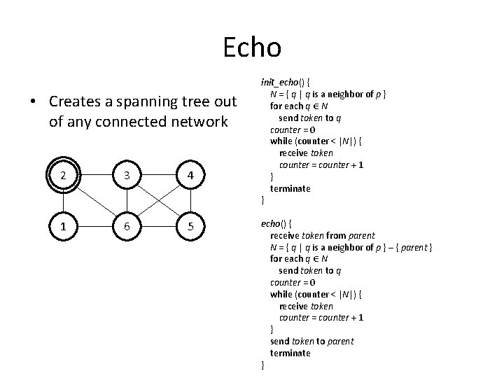 Echo • Creates a spanning tree out of any connected network 2 3 4
