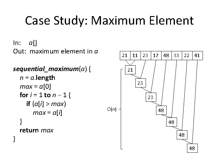 Case Study: Maximum Element In: a[] Out: maximum element in a sequential_maximum(a) { n