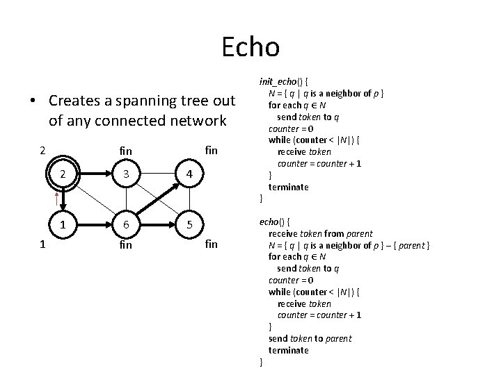 Echo • Creates a spanning tree out of any connected network 2 1 fin