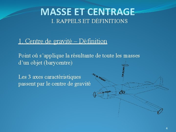 MASSE ET CENTRAGE I. RAPPELS ET DÉFINITIONS 1. Centre de gravité – Définition Point