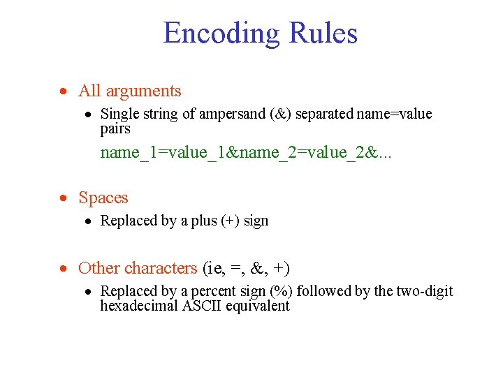 Encoding Rules · All arguments · Single string of ampersand (&) separated name=value pairs