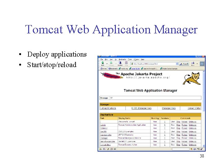 Tomcat Web Application Manager • Deploy applications • Start/stop/reload 38 Tomcat Web Application Manager • Deploy applications • Start/stop/reload 38