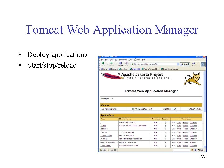 Tomcat Web Application Manager • Deploy applications • Start/stop/reload 38 