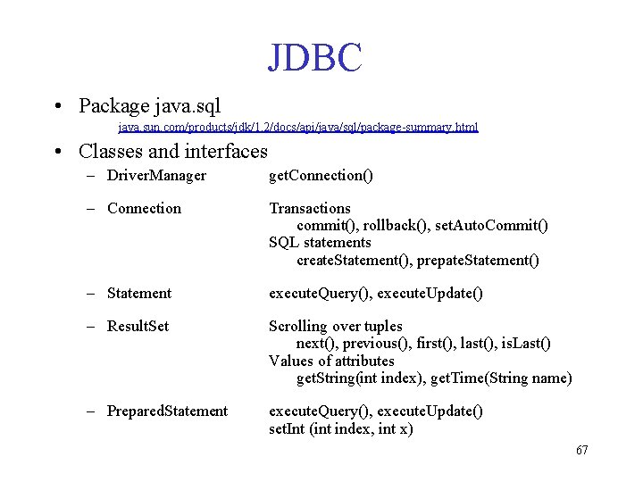 JDBC • Package java. sql java. sun. com/products/jdk/1. 2/docs/api/java/sql/package-summary. html • Classes and interfaces